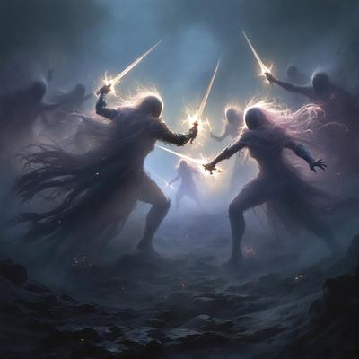 The primary subject of the image is a group of people, specifically two women, who are holding swords and engaging in a sword fight. They are surrounded by other people, some of whom are also holding swords. The setting appears to be a dark, possibly magical, environment. The visual style of the image is a digital art or illustration, with the characters and their surroundings depicted in a detailed and vivid manner. The colors and mood of the image are dark and dramatic, with the characters and their